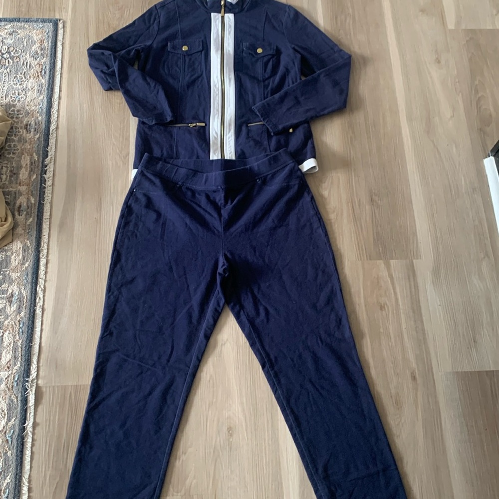 JM Collection Navy Track Pants with White Trim Jacket Set